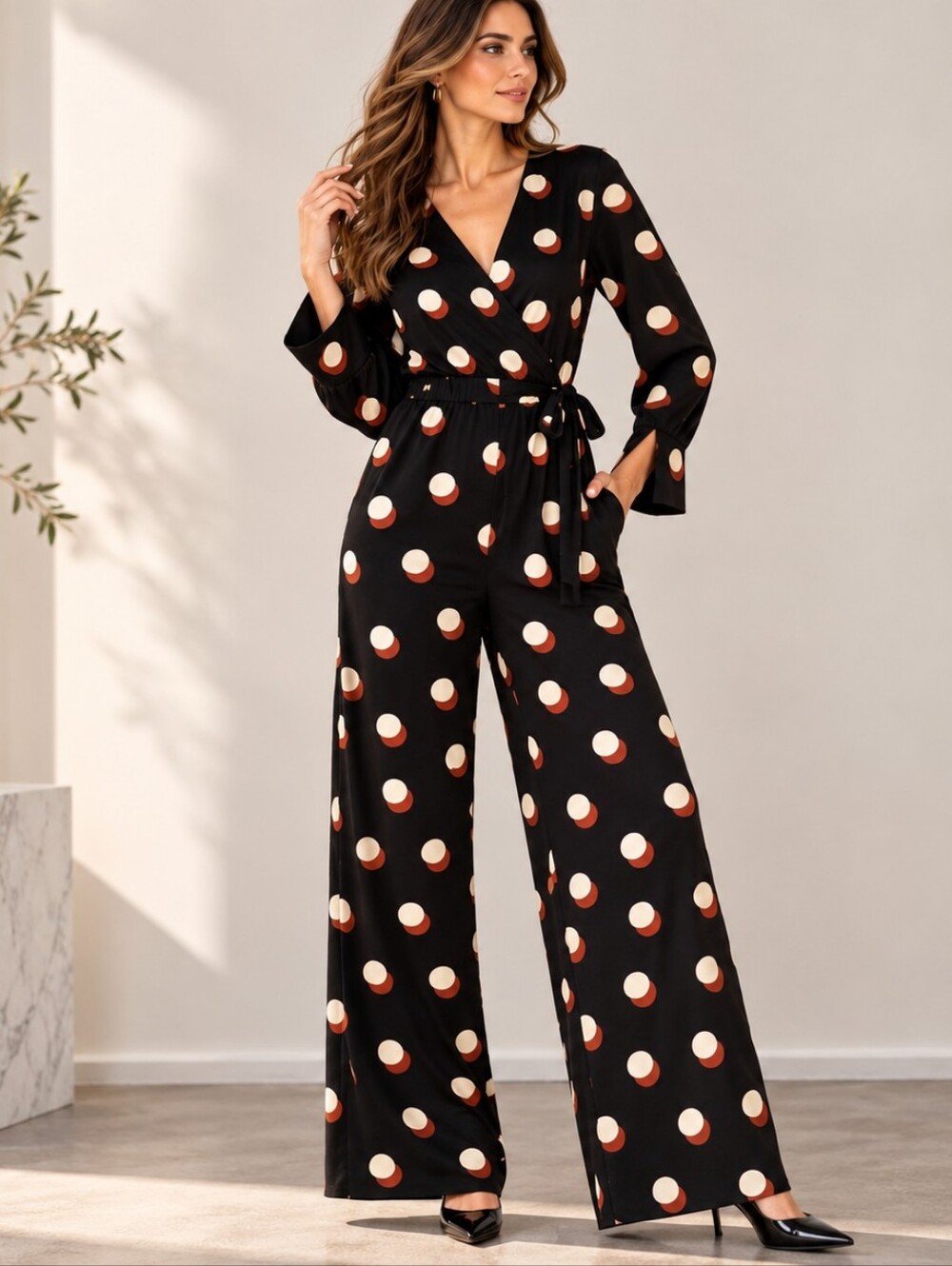 Y.A.S Black Polka Dot Wrap Wide Leg Jumpsuit M